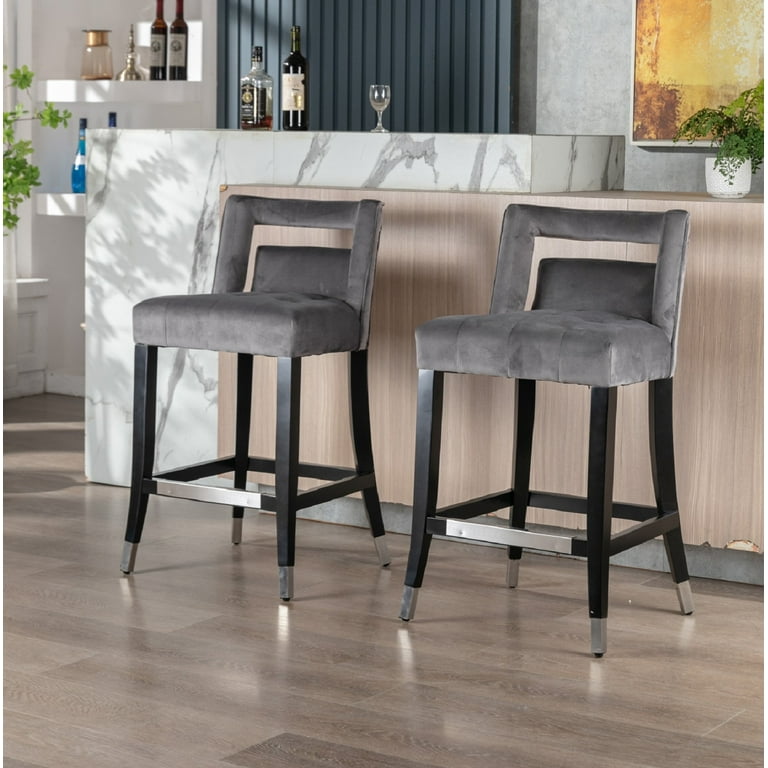 Counter Height Bar Stools Set of 2 Suede Velvet Upholstered Barstools with Nailheads and Solid Wood Legs Leisure Bar Chairs for Kitchen Dining Room Pub 26 Inch Seater Height Grey Walmart