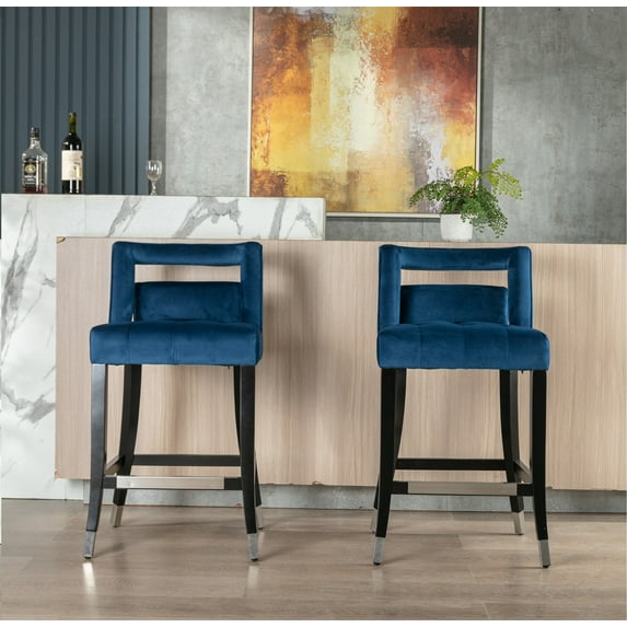 Counter Height Bar Stools Set of 2, Suede Velvet Upholstered Barstools with Nailheads and Solid Wood Legs, Leisure Bar Chairs for Kitchen Dining Room Pub, 26 Inch Seater Height, Navy Blue