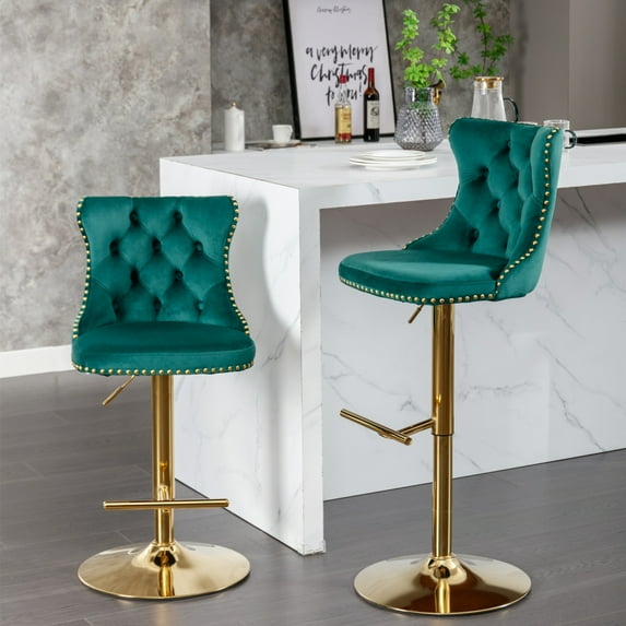Counter Height Bar Stools Set of 2, Swivel Velvet Barstools Adjusatble Seat Height from 25-33 Inch, Modern Upholstered Bar Stools with High Back and Metal Leg for Home Pub Kitchen Island, Green+Gold