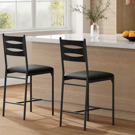 Counter Height Bar Stools Set of 2, Thick Cushioned PU Faux Leather Upholstered Stools with Geometric Backrest, Gold Accent Footrest, Anti-Slip Base for Kitchen Island & Majlis, Black