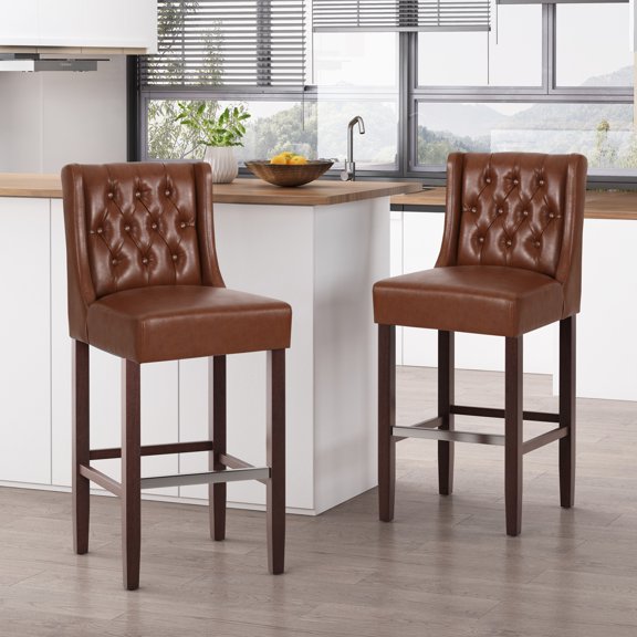 Counter Height Bar Stools Set of 2, Upholstered Armless Lounge Chair with Tufted Backrest, Upholstered Counter Barstools, for Island, Dining Room, Bar, Light Brown