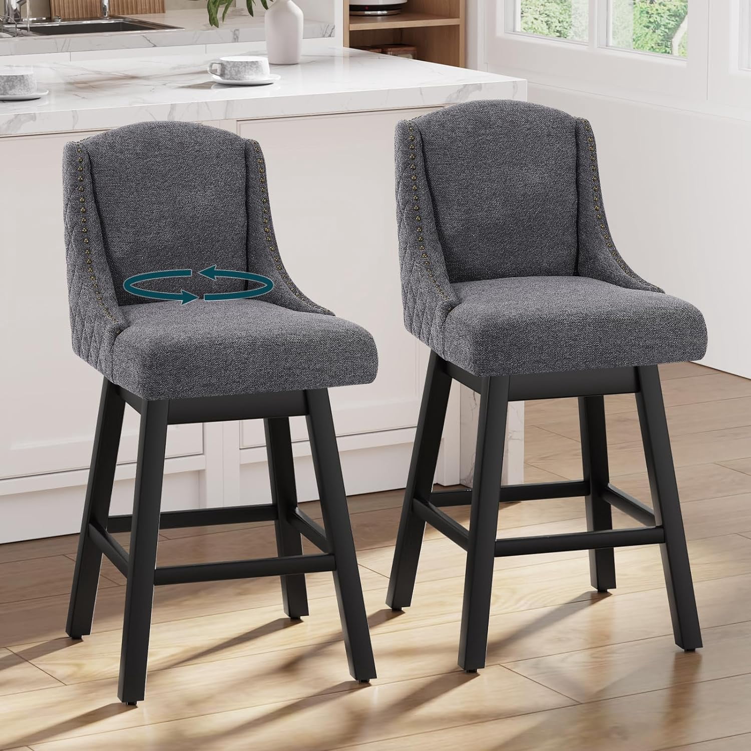 Counter Height Bar Stools Set of 2, Upholstered Swivel Bar Stools with ...