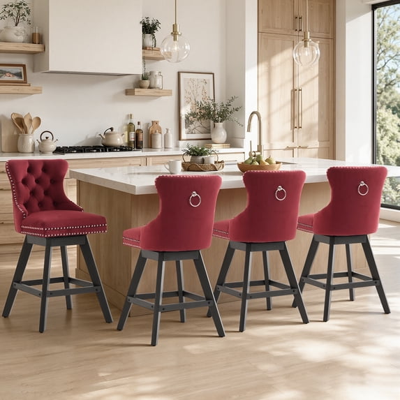 Swivel Bar Stools Set of 4, 26" Counter Height Bar Stools with Back, Farmhouse Velvet Barstools for 34–38" Kitchen Island, Wine Red (Set of 4)