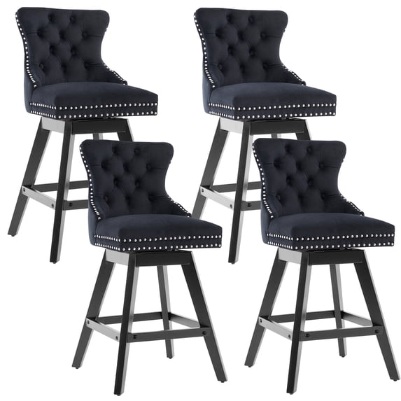 Legahome Swivel Bar Stools Set of 4, Modern Bar Stools with Back Set, Modern Velvet Counter Height Barstools with Wood Frame & Nailhead Trim, Bar Chairs for Kitchen Island, Black (Set of 4)