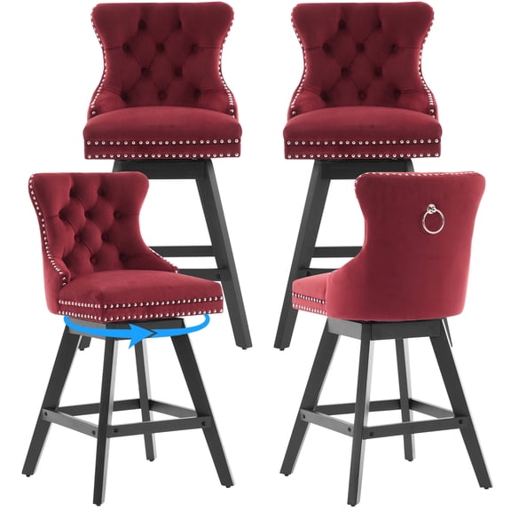 Swivel Bar Stools Set of 4, 26" Counter Height Barstools with Back, Nailhead Trim, Rubberwood Frame, Farmhouse Bar Chairs for 34–38" Kitchen Island, Wine Red (Set of 4)