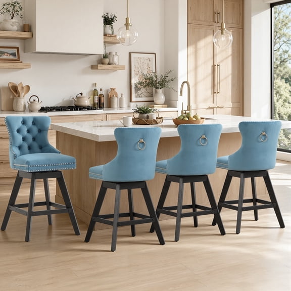 Swivel Bar Stools Set of 4, 26" Counter Height Bar Stools with Back, Farmhouse Velvet Barstools for 34–38" Kitchen Island, Light Blue (Set of 4)