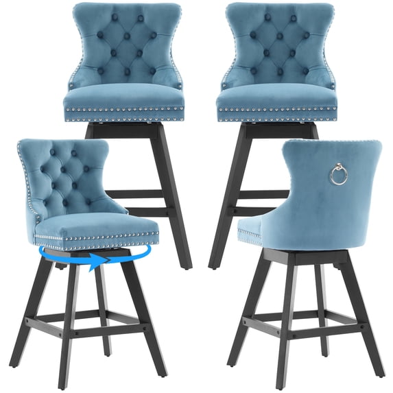 Swivel Bar Stools Set of 4, Counter Height Velvet Bar Stools with Tufted Back, Nailhead Trim, Rubberwood Frame, 26" Seat Height 360° Swivel Barstools for 34–38" Kitchen Island, Light Blue (Set of 4)