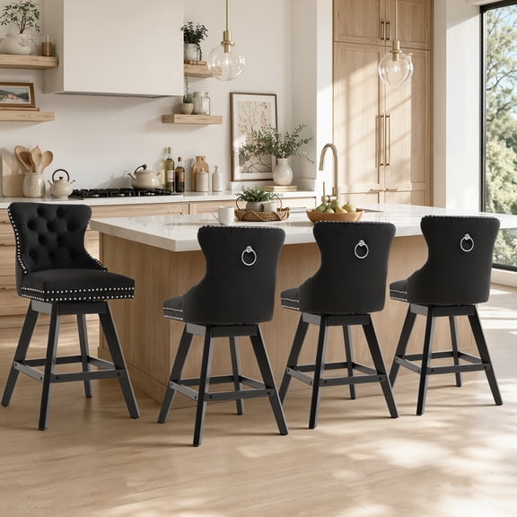 Swivel Bar Stools Set of 4, 26" Counter Height Bar Stools with Back, Farmhouse Velvet Barstools for 34–38" Kitchen Island, Black (Set of 4)