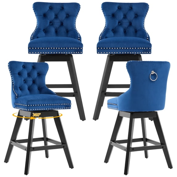 Swivel Bar Stools Set of 4, Counter Height Velvet Bar Stools with Tufted Back, Nailhead Trim, Rubberwood Frame, 26" Seat Height 360° Swivel Barstools for 34–38" Kitchen Island, Blue (Set of 4)