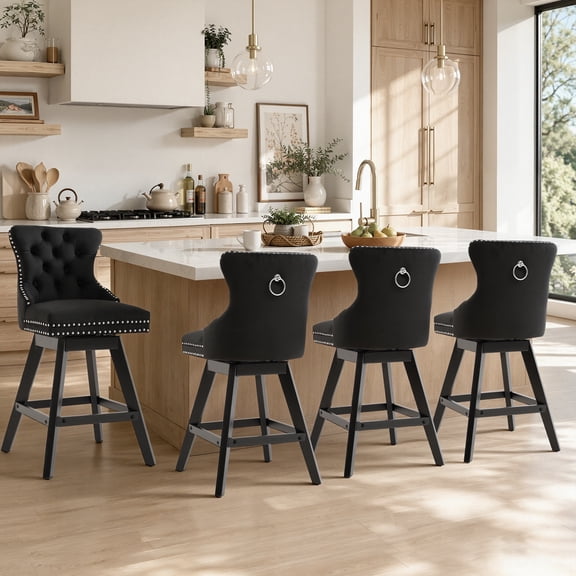 Swivel Bar Stools With Back Sets of 4, LEGAHOME Farmhouse Black Bar Stools for 34–38" Kitchen Island, 26" Velvet Upholstered Barstools Counter Stools for Breakfast, 4 PCS