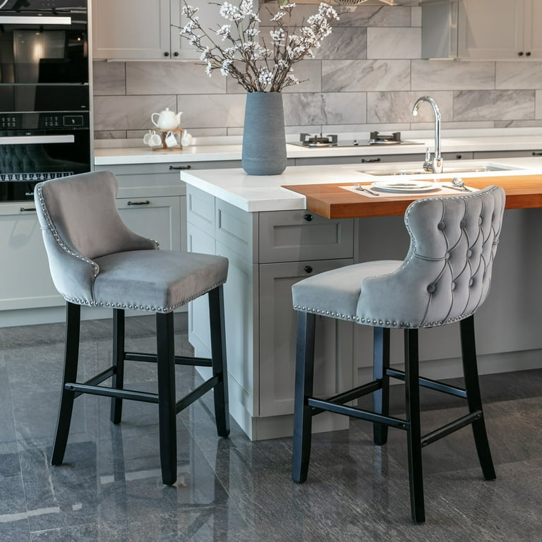 Counter Height Bar Stools Set of 2 Velvet Upholstered Barstools with Solid Wood Legs Button Tufted and Nailheads Trim Wing Back Bar Chairs for Kitchen Island Dining Room Pub Gray Walmart