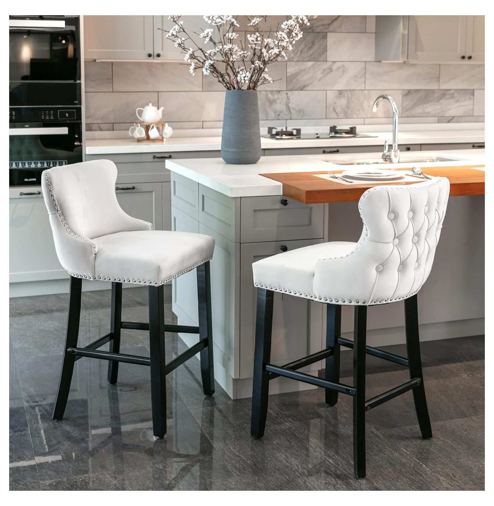 Counter Height Bar Stools Set of 2, Velvet Upholstered Barstools with