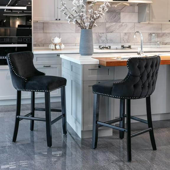 Counter Height Bar Stools Set of 2, Wing-Back Bar Chairs with Button Tufted Decoration and Wooden Legs, Upholstered Island Chairs with Footrest for Kitchen Island, Black