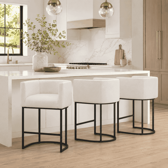 ClinQ Counter Height Bar Stool Set of 3, 26 in Fabric Upholstered Seat, Metal Legs for Indoor Dining Room and Kitchen Island, Beige