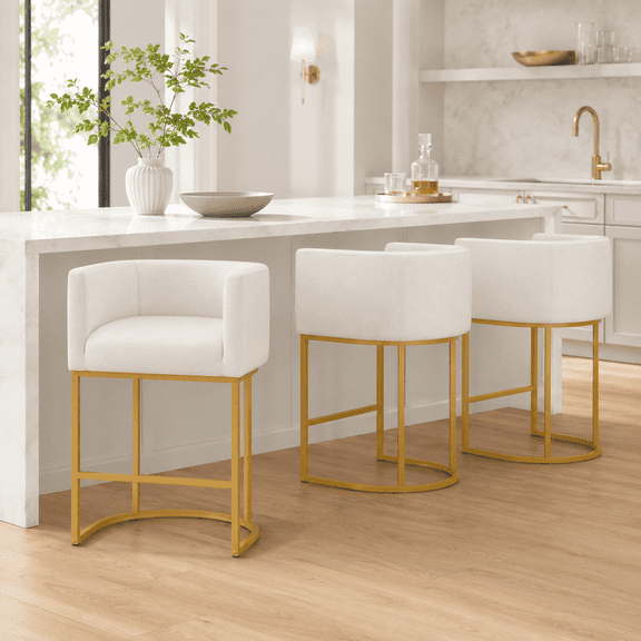 ClinQ Counter Height Bar Stool Set of 3, 26 in Fabric Upholstered Seat, Metal Legs for Indoor Dining Room and Kitchen Island, Beige & Golden Leg