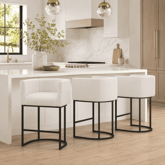 ClinQ Counter Height Bar Stool Set of 3, 26 in Fabric Upholstered Seat, Metal Legs for Indoor Dining Room and Kitchen Island, Beige