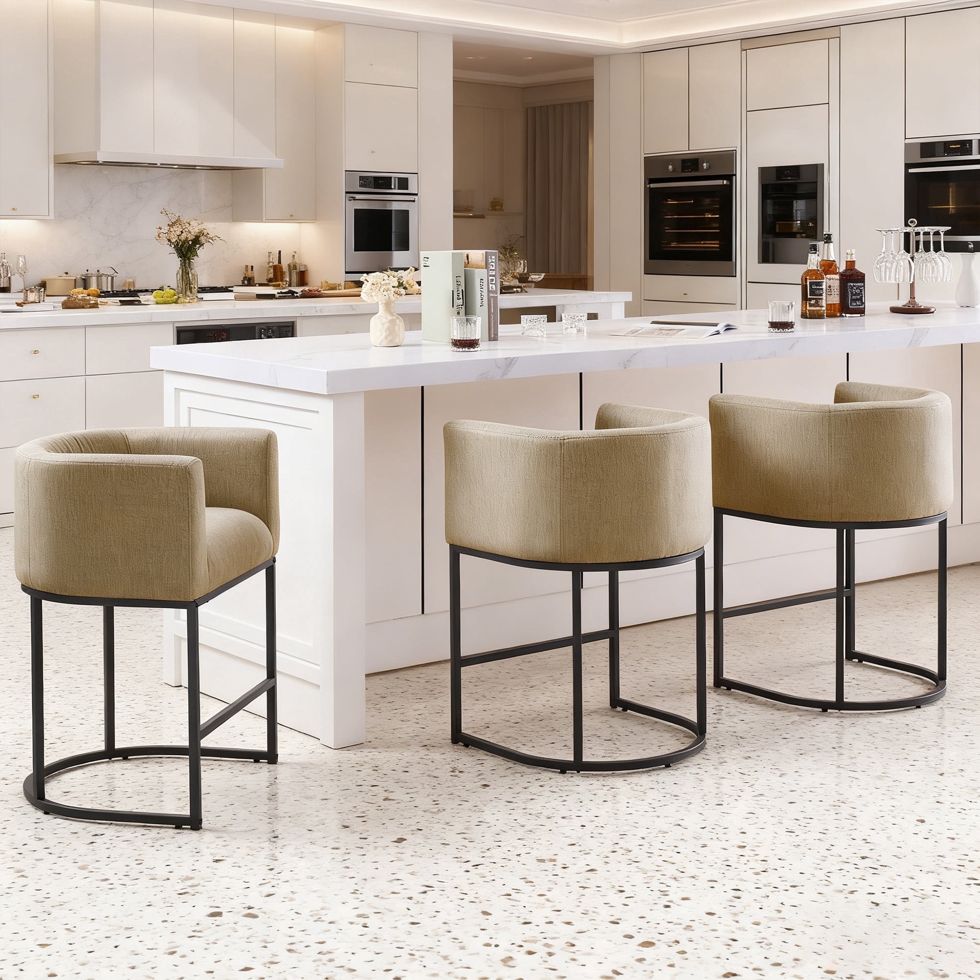 ClinQ Counter Height Bar Stool Set of 3, 26 in Fabric Upholstered Seat, Metal Legs for Indoor Dining Room and Kitchen Island, Camel