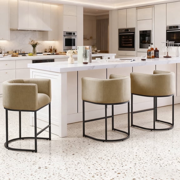 ClinQ Counter Height Bar Stool Set of 3, 26 in Fabric Upholstered Seat, Metal Legs for Indoor Dining Room and Kitchen Island, Camel