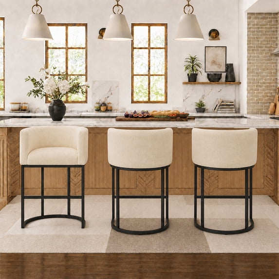 ClinQ Counter Height Bar Stool Set of 3, 26 in Fabric Upholstered Seat, Metal Legs for Indoor Dining Room and Kitchen Island, Camel