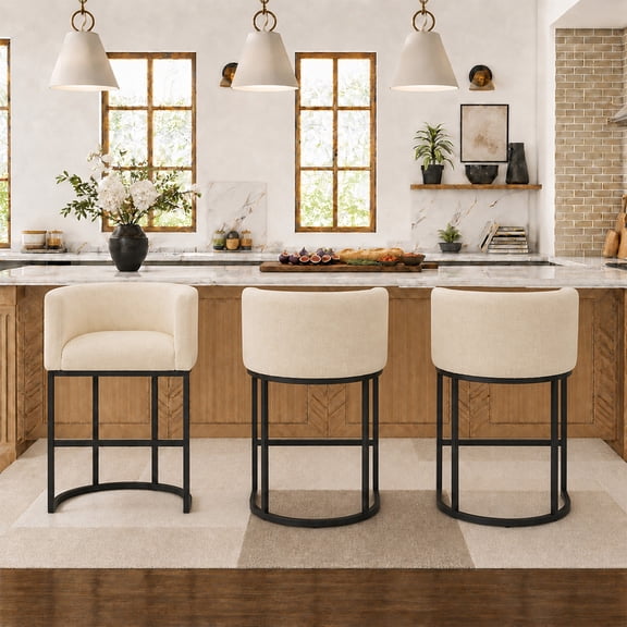 ClinQ Counter Height Bar Stool Set of 3, 26 in Fabric Upholstered Seat, Metal Legs for Indoor Dining Room and Kitchen Island, Camel