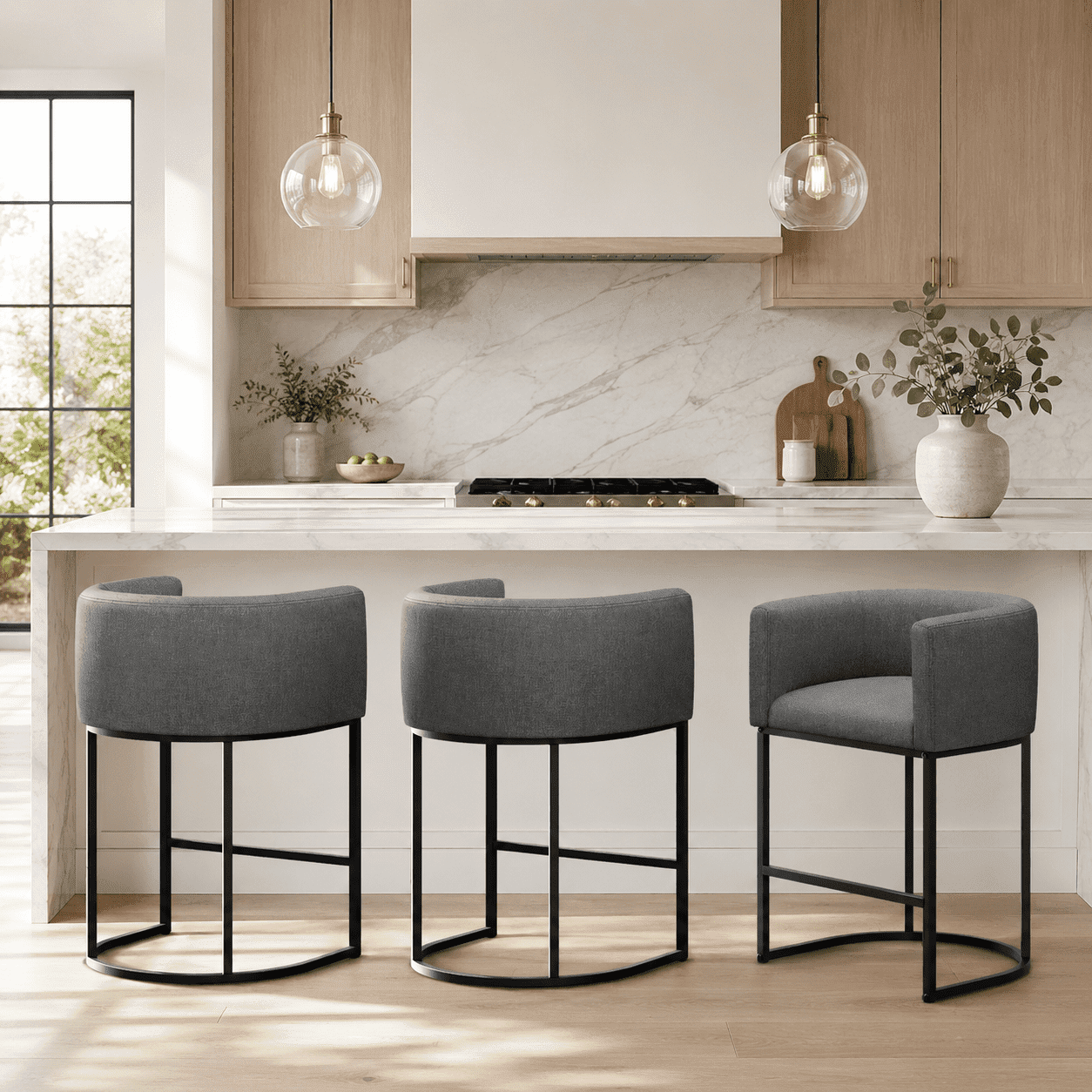 ClinQ Counter Height Bar Stool Set of 3, 26 in Fabric Upholstered Seat, Metal Legs for Indoor Dining Room and Kitchen Island, Darkgray