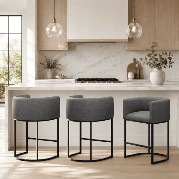 ClinQ Counter Height Bar Stool Set of 3, 26 in Fabric Upholstered Seat, Metal Legs for Indoor Dining Room and Kitchen Island, Darkgray