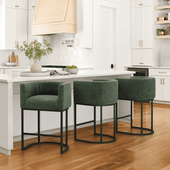 ClinQ Counter Height Bar Stool Set of 3, 26 in Fabric Upholstered Seat, Metal Legs for Indoor Dining Room and Kitchen Island, Green