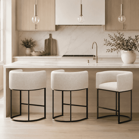 ClinQ Counter Height Bar Stool Set of 3, 26 in Fabric Upholstered Seat, Metal Legs for Indoor Dining Room and Kitchen Island, Linen