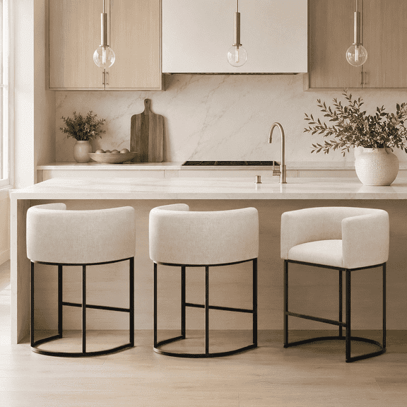 ClinQ Counter Height Bar Stool Set of 3, 26 in Fabric Upholstered Seat, Metal Legs for Indoor Dining Room and Kitchen Island, Linen