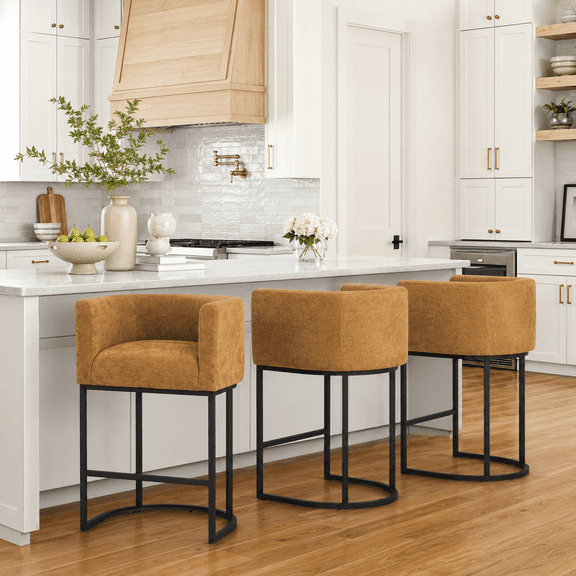 ClinQ Counter Height Bar Stool Set of 3, 26 in Fabric Upholstered Seat, Metal Legs for Indoor Dining Room and Kitchen Island, Yellow