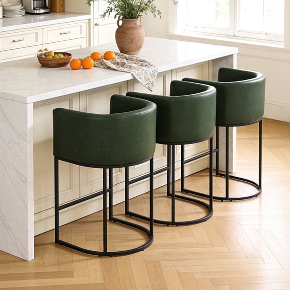 ClinQ 26" Counter Height Bar Stools Set Of 3, PU Leather Barrel Stools With Back And Arms For Kitchen Island, Darkgreen