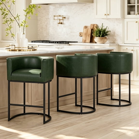 ClinQ 26" Counter Height Bar Stools Set of 3, PU Leather Barrel Bar Chairs with Back and Arms for Kitchen Island, Darkgreen