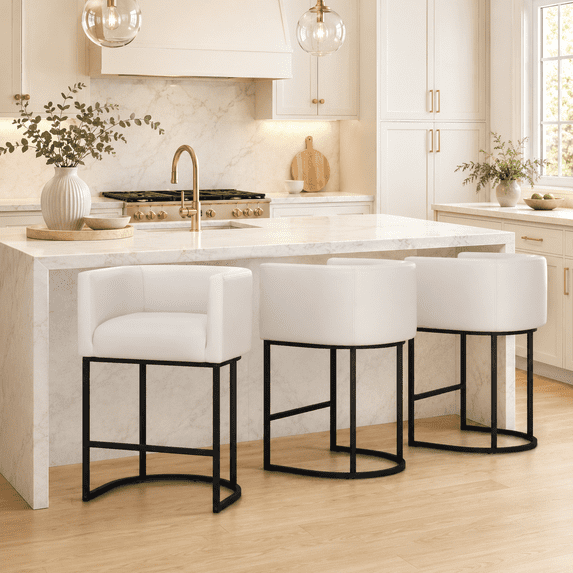 ClinQ 26" Counter Height Bar Stools Set Of 3, PU Leather Barrel Stools With Back And Arms For Kitchen Island, White
