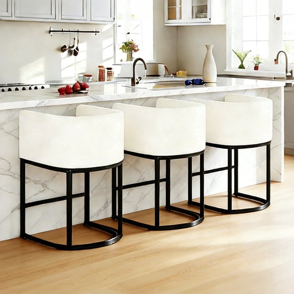 ClinQ 26" Counter Height Bar Stools Set Of 3, PU Leather Barrel Stools With Back And Arms For Kitchen Island, White