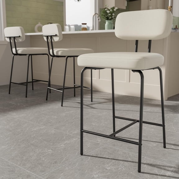 Counter Height Bar Stools Set of 3, 26" White Fabric Kitchen Counter Stools with Backs, Metal Legs, Footrest and Wide Seat, Bar Chairs for Kitchen Island