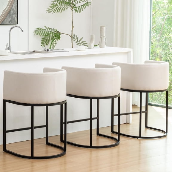 Counter Height Bar Stools Set of 3, Modern Bar Stool with Back, Barrel Bar Chairs with Metal Frames, Upholstered Barstools for Kitchen Island, Pub, Club (Beige)