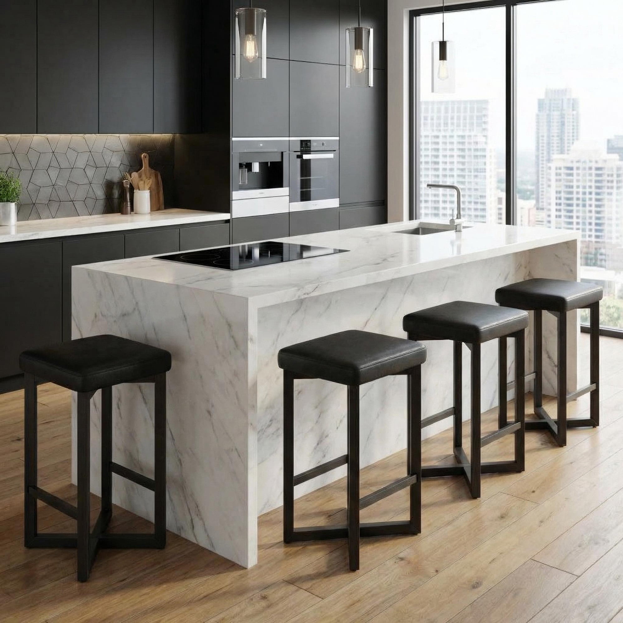 Counter Height Bar Stools Set of 4, 24.6 Inch PU Leather Upholstered Barstools with Thick Cushion, Modern Backless Kitchen Island Stools for Dining Room, Pub, Cafe, Black