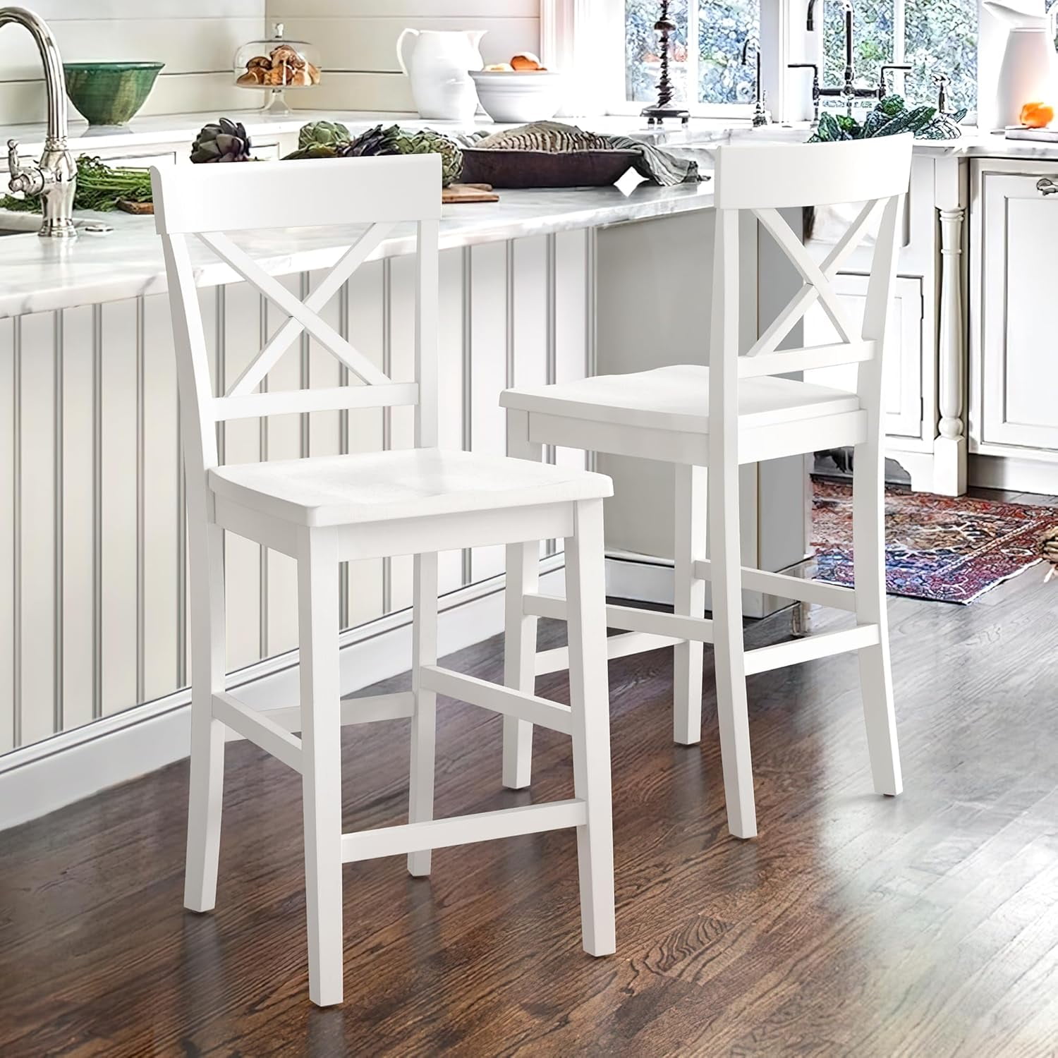 Counter Height Bar Stools Set of 4, 24" H Wooden Counter Stools with Back and Footrest, X-Back ...
