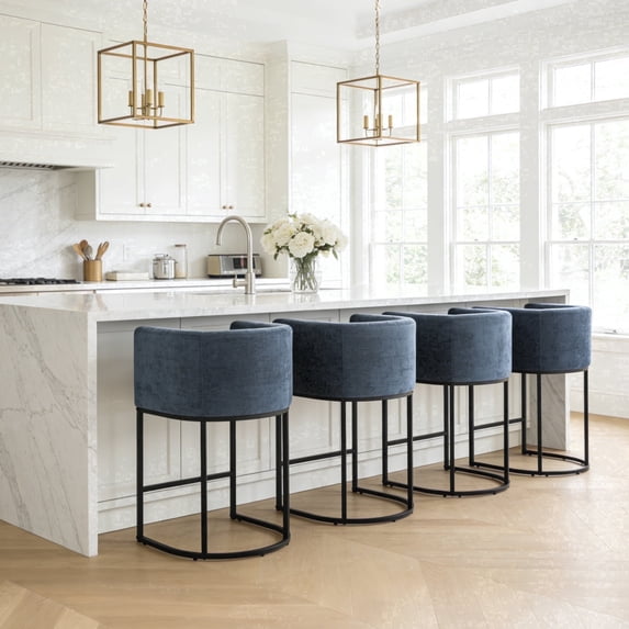 ClinQ Counter Height Bar Stool Set of 4, 26 in Fabric Upholstered Seat, Metal Legs for Indoor Dining Room and Kitchen Island, Blue