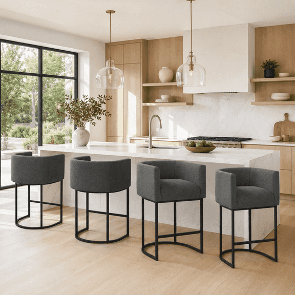 ClinQ Counter Height Bar Stool Set of 4, 26 in Fabric Upholstered Seat, Metal Legs for Indoor Dining Room and Kitchen Island, Darkgray