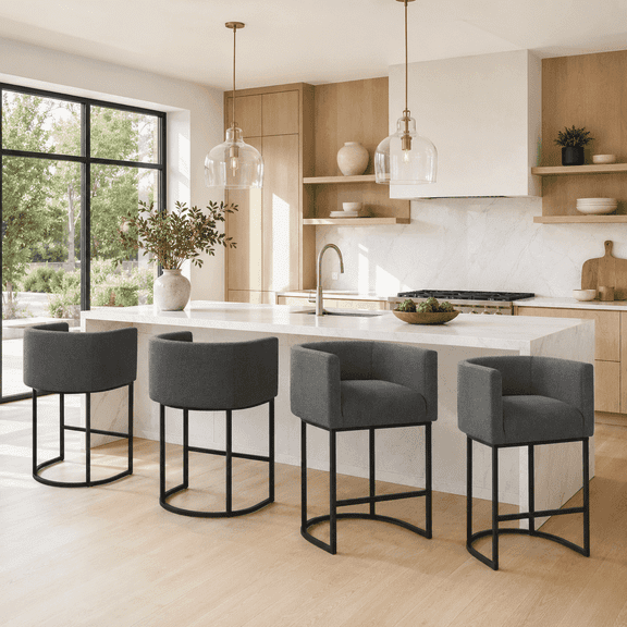 ClinQ Counter Height Bar Stool Set of 4, 26 in Fabric Upholstered Seat, Metal Legs for Indoor Dining Room and Kitchen Island, Darkgray