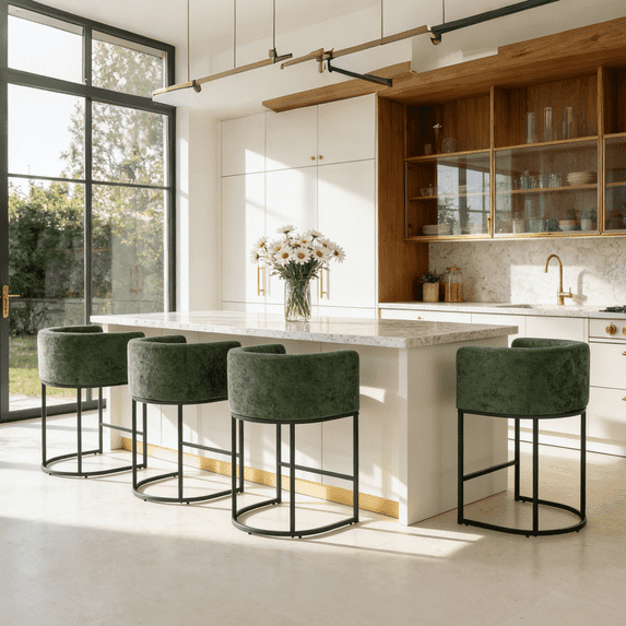 ClinQ Counter Height Bar Stool Set of 4, 26 in Fabric Upholstered Seat, Metal Legs for Indoor Dining Room and Kitchen Island, Green