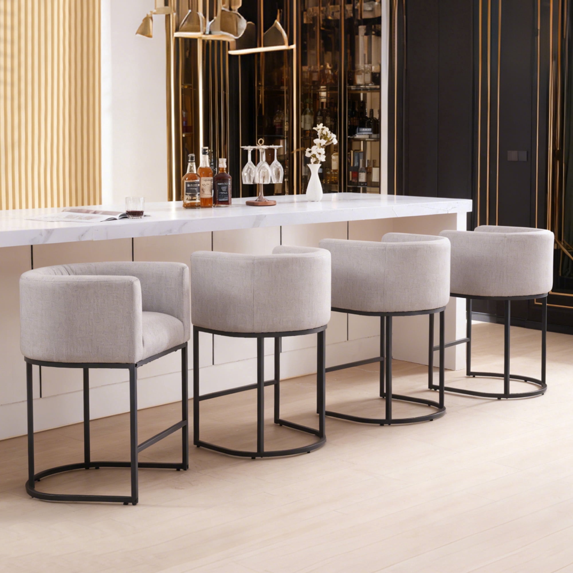 ClinQ Counter Height Bar Stool Set of 4, 26 in Fabric Upholstered Seat, Metal Legs for Indoor Dining Room and Kitchen Island, Lightgrey