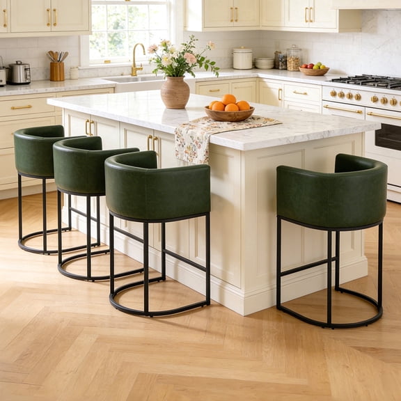 ClinQ 26" Counter Height Bar Stools Set Of 4, PU Leather Barrel Stools With Back And Arms For Kitchen Island, Darkgreen