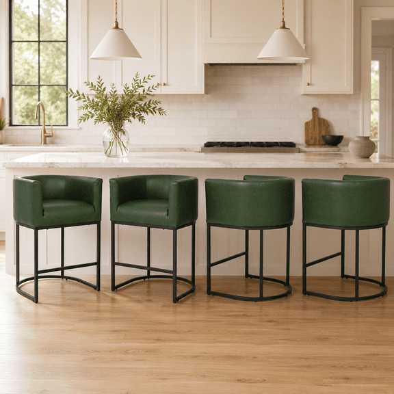 ClinQ 26" Counter Height Bar Stools Set of 4, PU Leather Barrel Bar Chairs with Back and Arms for Kitchen Island, Darkgreen