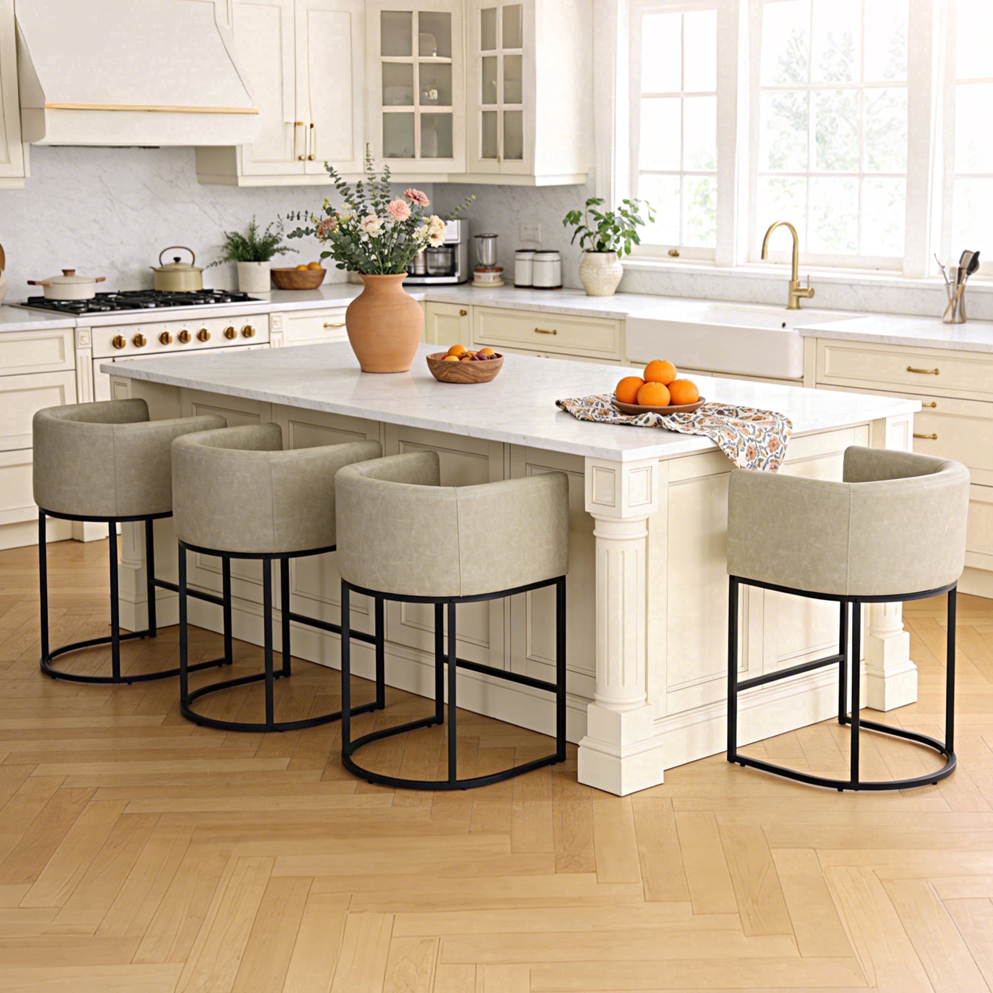 ClinQ 26" Counter Height Bar Stools Set Of 4, PU Leather Barrel Stools ...