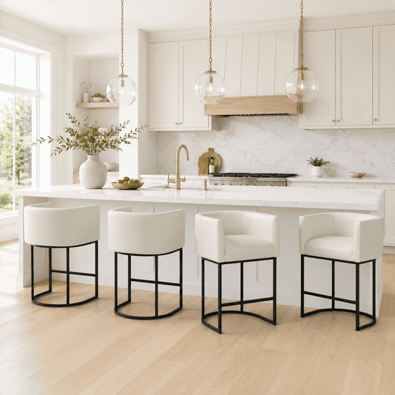 ClinQ 26" Counter Height Bar Stools Set of 4, PU Leather Barrel Bar Chairs with Back and Arms for Kitchen Island, White