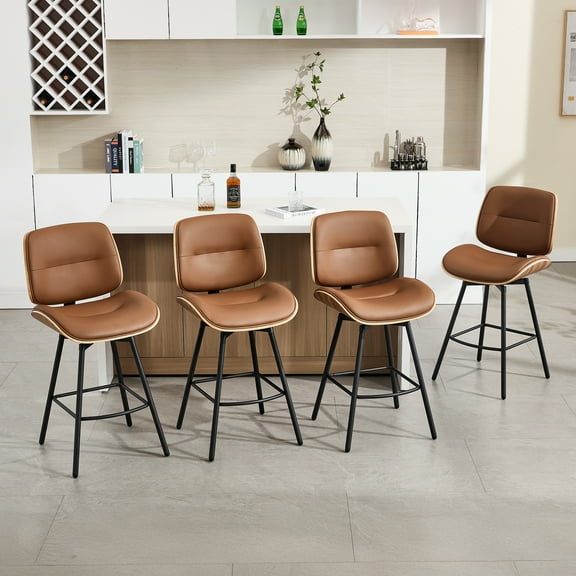 Counter Height Bar Stools Set of 4, 26" Swivel PU Leather Upholstered Bar Stools with Walnut Backs and Metal Legs, Retro Counter Stools for Kitchen Island, Dining Room, Pub, Brown