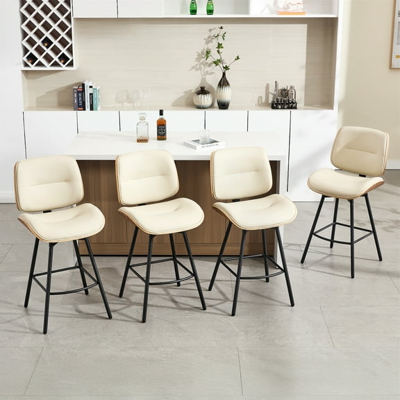 Counter Height Bar Stools Set of 4, 26" Swivel PU Leather Upholstered Bar Stools with Walnut Backs and Metal Legs, Retro Counter Stools for Kitchen Island, Dining Room, Pub, Beige