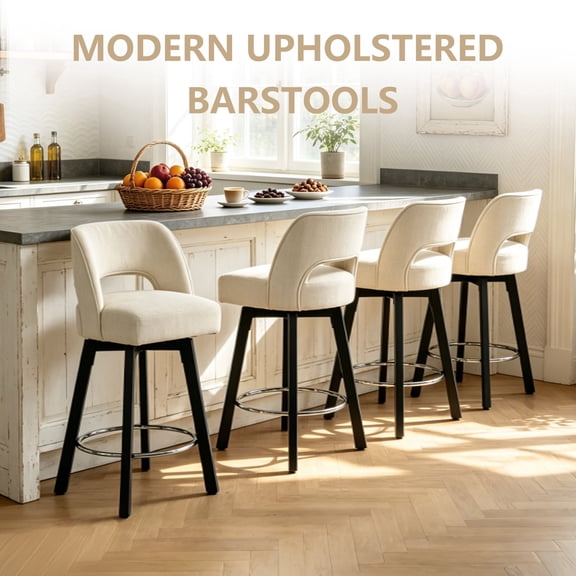 ClinQ 26" Counter Height Bar Stools Set of 4, Upholstered Fabric Bar Chairs with Backrest, Metal Legs and Silver Footrest Ring, Beige